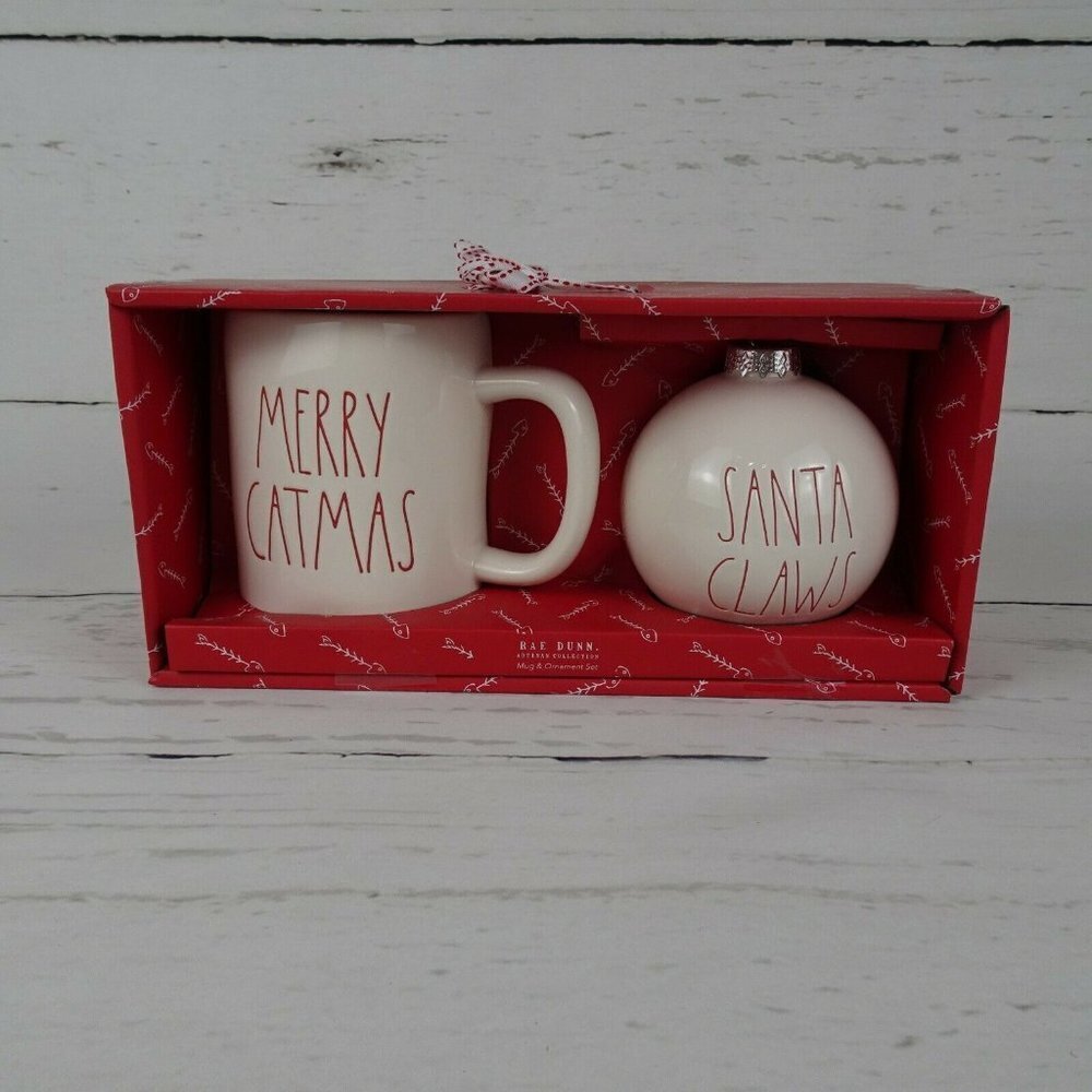 New Rae Dunn Cat Lover Mug Christmas Ornament Gift Set Merry Catmas Santa Claws